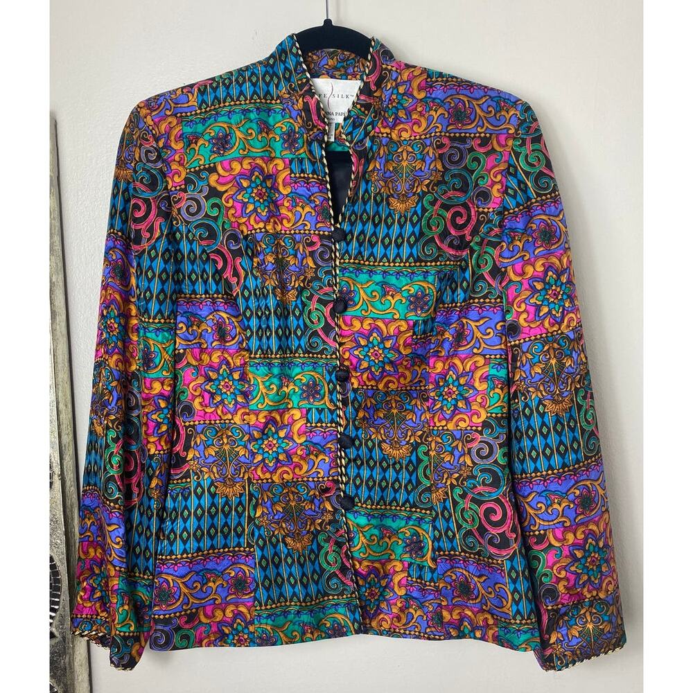 VINTAGE ADRIANNA PAPELL BLAZER JACKET 4 PETITE SILK IKAT PATCHWORK GOLD RETRO